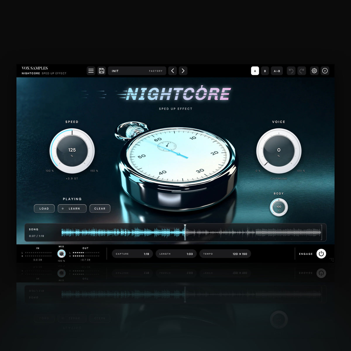 Nightcore Sped Up Effect by Vox Samples, the nightcore and sped up plugin: a chrome stopwatch on a dark glossy surface in cyan light, the NIGHTCORE logo, two big pearl knobs, SPEED and VOICE, and the SONG waveform along the bottom.