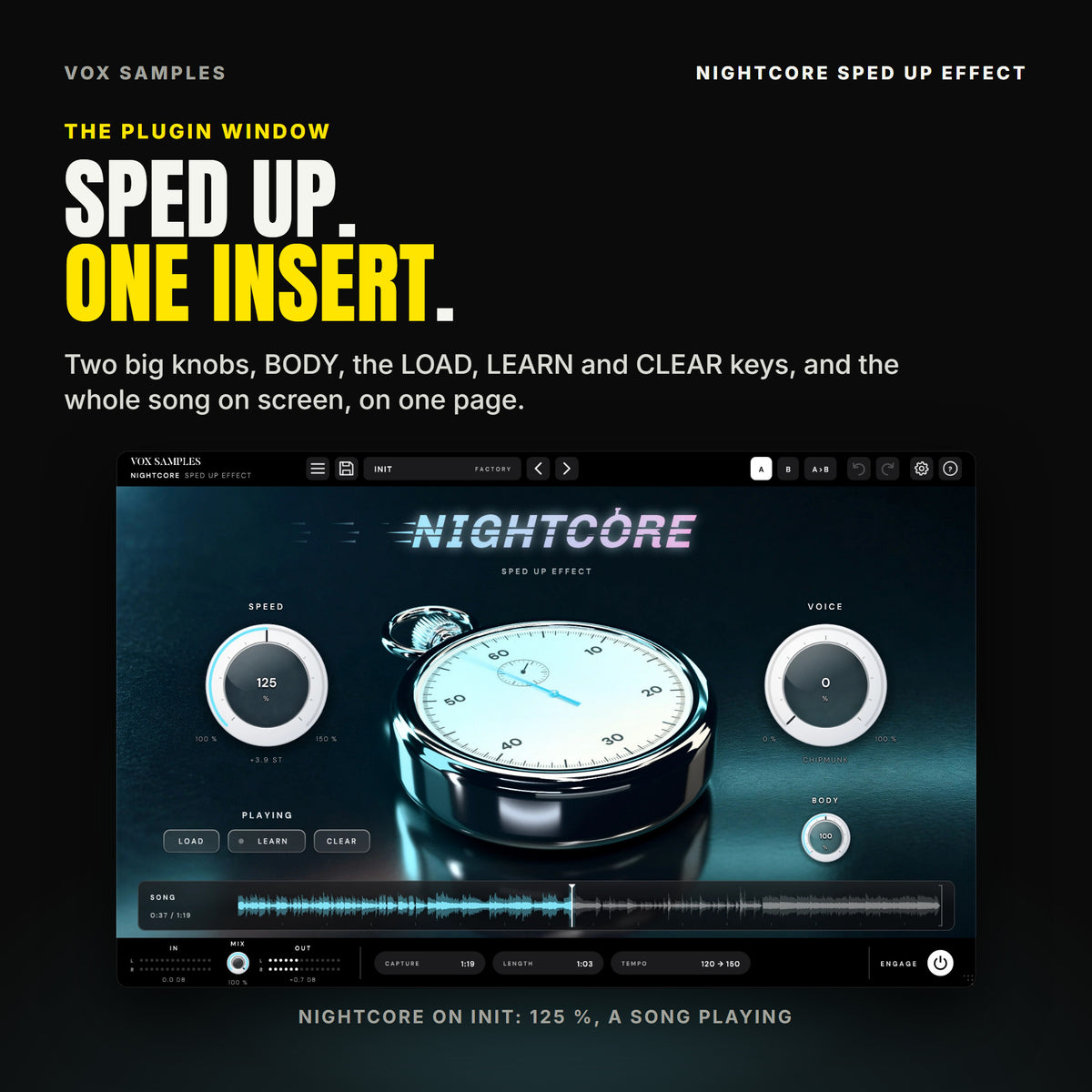The whole Nightcore Sped Up Effect window on the Init preset, a song playing sped up: a chrome stopwatch on a dark glossy surface, the NIGHTCORE logo above, SPEED at 125 % (+3.9 semitones) on the left, VOICE at 0 % (CHIPMUNK) on the right, BODY at 100 % under it, PLAYING over the LOAD, LEARN and CLEAR keys, the SONG waveform at 0:37 of 1:19, and IN, MIX, OUT, CAPTURE 1:19, LENGTH 1:03, TEMPO 120 to 150 and ENGAGE in the footer.