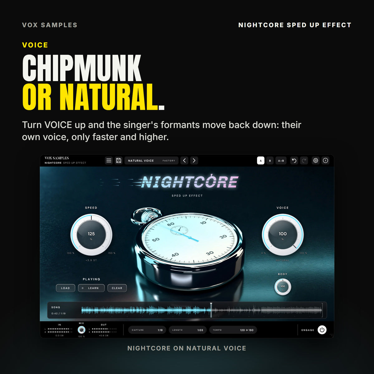 Nightcore on the Natural Voice preset: SPEED at 125 %, VOICE at 100 % reading NATURAL, BODY at 100 %, the song playing sped up with the playhead at 0:42 of 1:19.