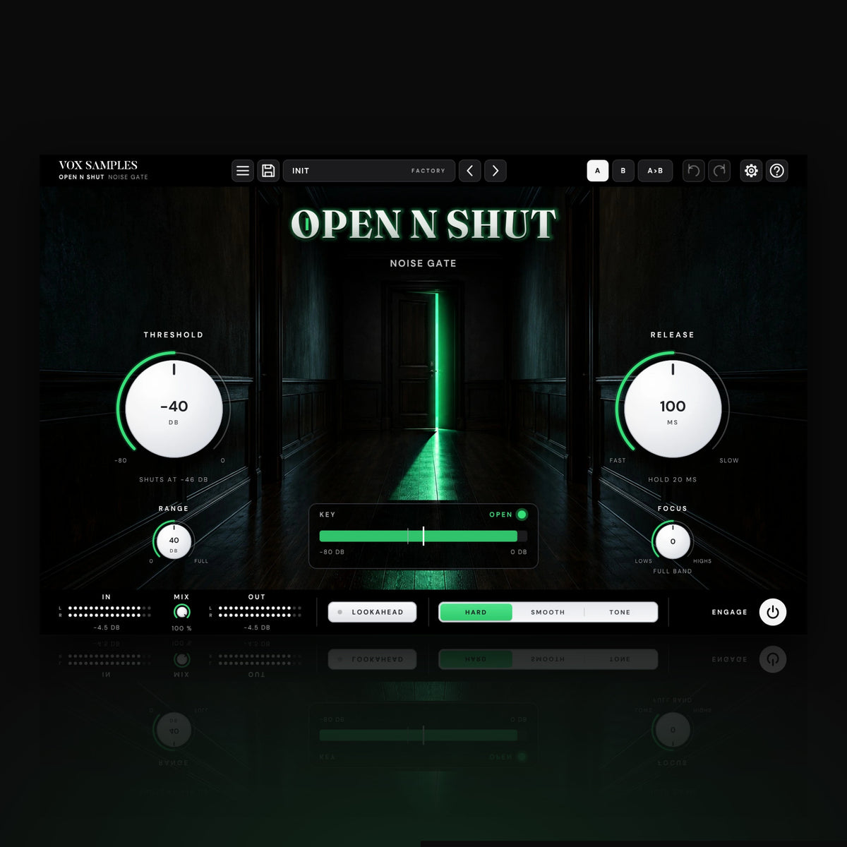 Open N Shut Noise Gate by Vox Samples, the noise gate plugin: a dark hallway with a door ajar and green light through its gap, the OPEN N SHUT logo above it, and two big white knobs, THRESHOLD and RELEASE, either side.