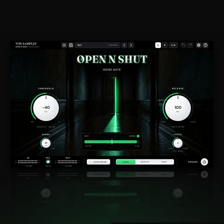 Open N Shut Noise Gate by Vox Samples, the noise gate plugin: a dark hallway with a door ajar and green light through its gap, the OPEN N SHUT logo above it, and two big white knobs, THRESHOLD and RELEASE, either side.