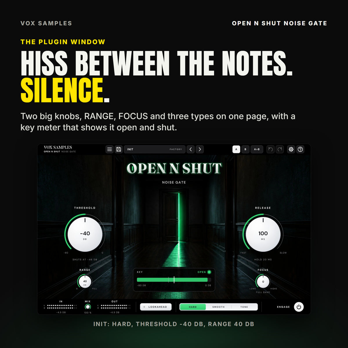The Open N Shut Noise Gate window on Init: a dark hallway at night with a door ajar at its far end and green light through the gap and across the floorboards; the OPEN N SHUT logo with NOISE GATE under it; THRESHOLD at -40 dB on the left, reading SHUTS AT -46 DB, with RANGE at 40 dB under it; RELEASE at 100 ms on the right with FOCUS under it; the KEY meter reading OPEN; LOOKAHEAD, the HARD, SMOOTH and TONE keys and ENGAGE along the bottom.