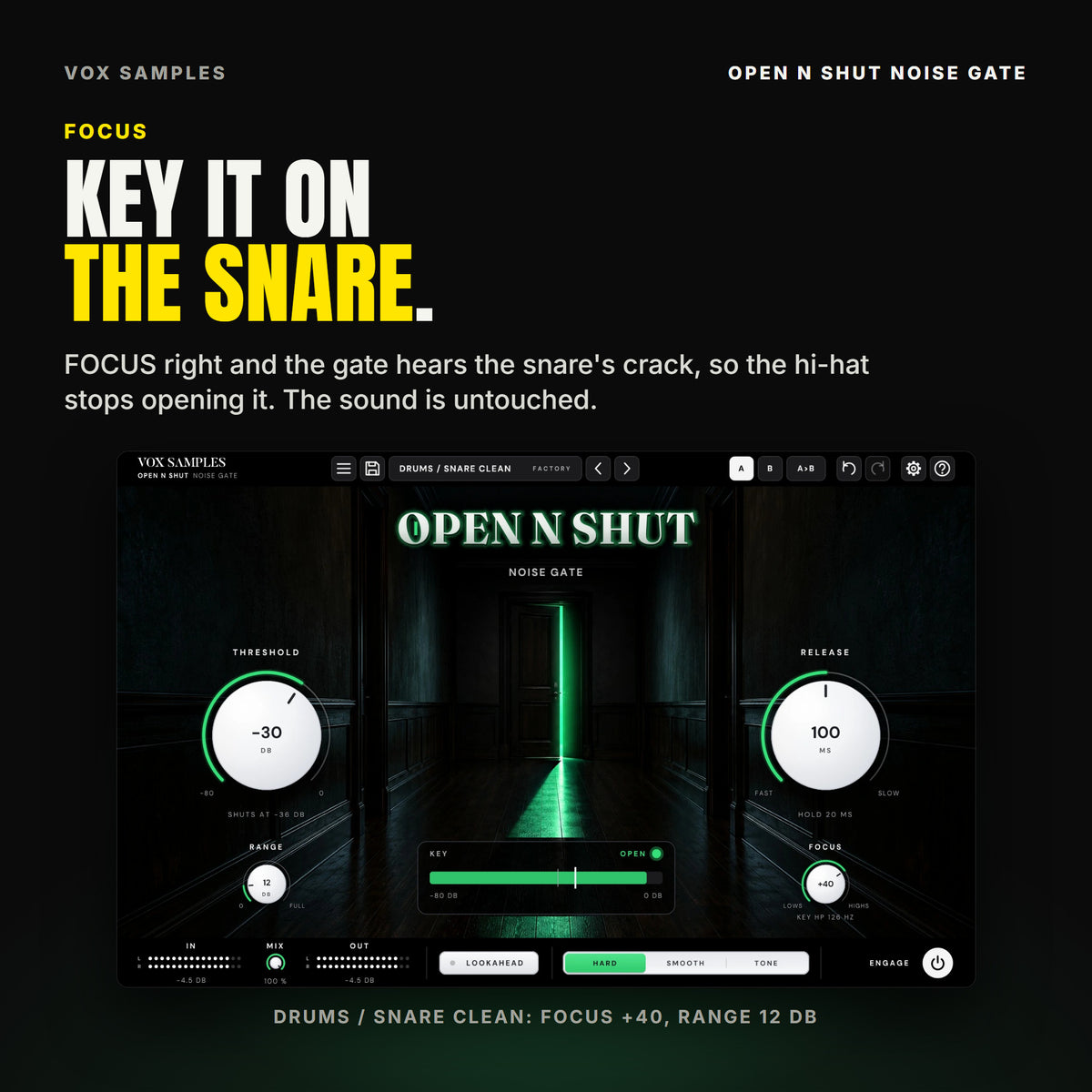 Open N Shut on the Drums / Snare Clean preset: THRESHOLD at -30 dB, RANGE at 12 dB and FOCUS at +40, reading KEY HP 126 HZ, with the door's light open.