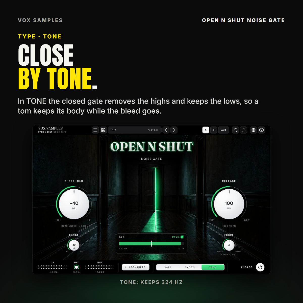 Open N Shut with TYPE set to TONE: the TONE key lit green, FOCUS reading KEEPS 224 HZ, and THRESHOLD reading CUTS UNDER -40 DB.