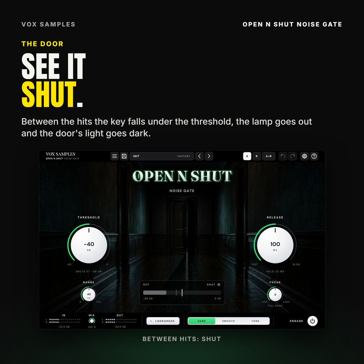 Open N Shut between drum hits: the key meter under the threshold, the lamp reading SHUT, and the door's light gone dark.