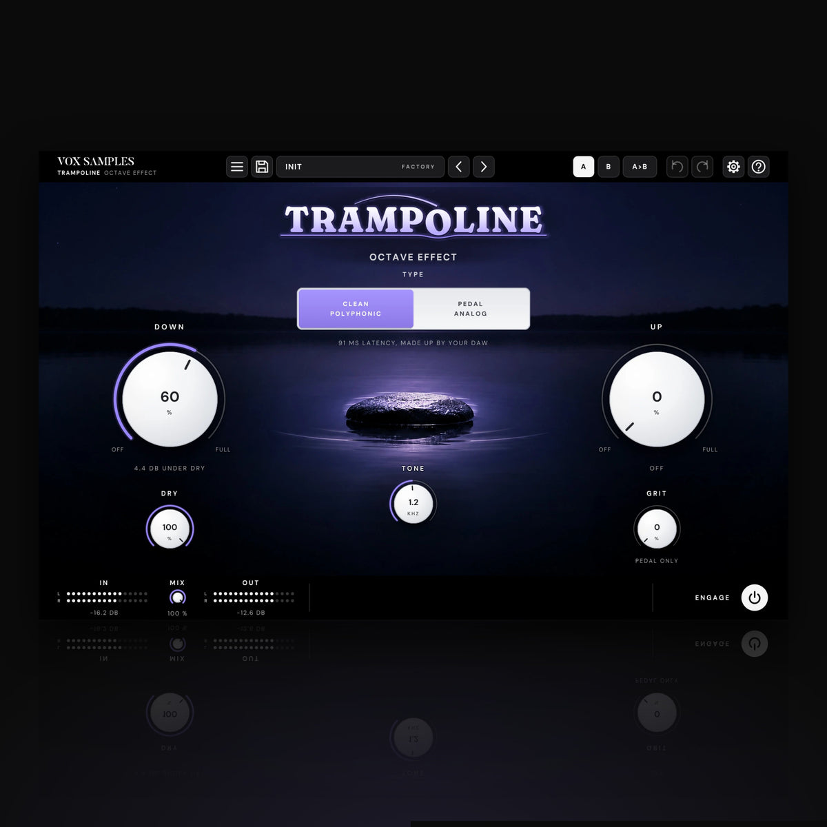 Trampoline Octave Effect by Vox Samples, the octave plugin: a flat stone on a still pond under violet moonlight, the TRAMPOLINE logo above it, and two big white knobs, DOWN and UP, either side.