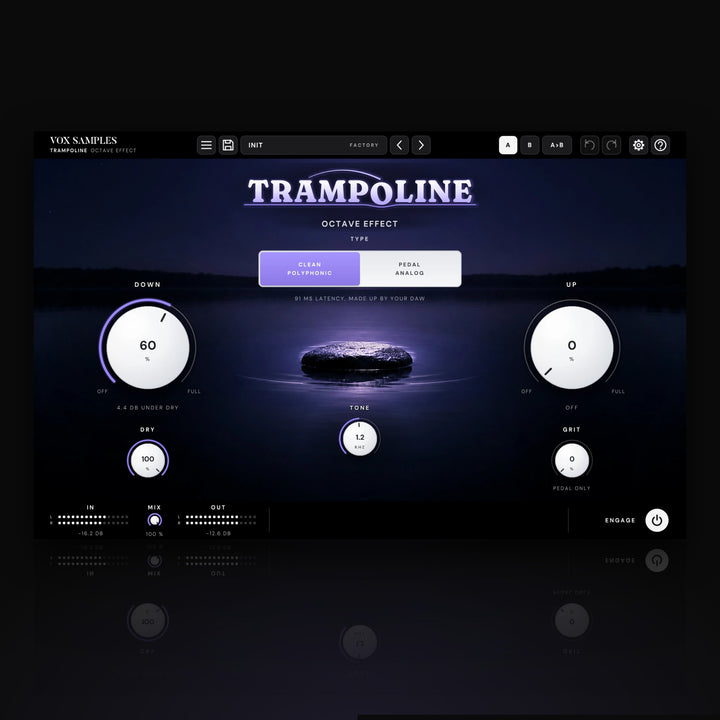 Trampoline Octave Effect by Vox Samples, the octave plugin: a flat stone on a still pond under violet moonlight, the TRAMPOLINE logo above it, and two big white knobs, DOWN and UP, either side.