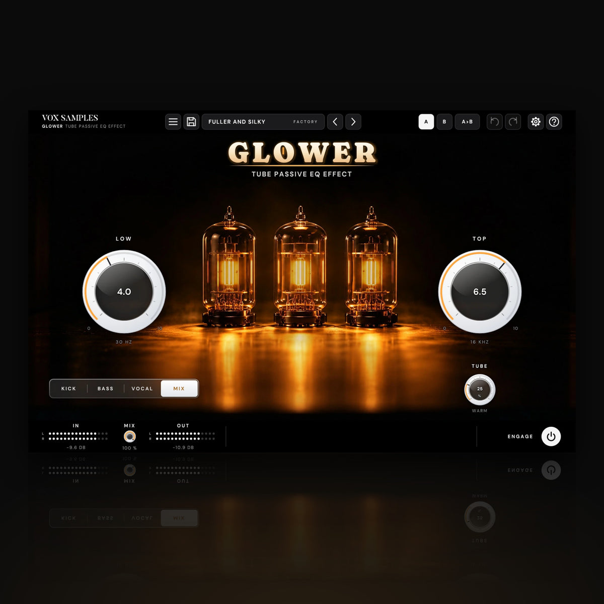 Glower Tube Passive EQ Effect by Vox Samples, the passive EQ plugin: three glass vacuum tubes glowing amber under the glowing GLOWER logo, between two big white knobs, LOW and TOP, with TUBE and the SOURCE keys under them.