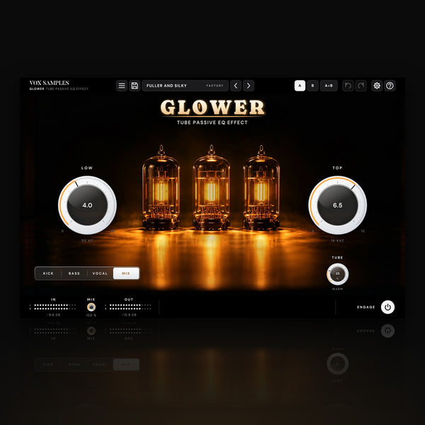 Glower Tube Passive EQ Effect by Vox Samples, the passive EQ plugin: three glass vacuum tubes glowing amber under the glowing GLOWER logo, between two big white knobs, LOW and TOP, with TUBE and the SOURCE keys under them.