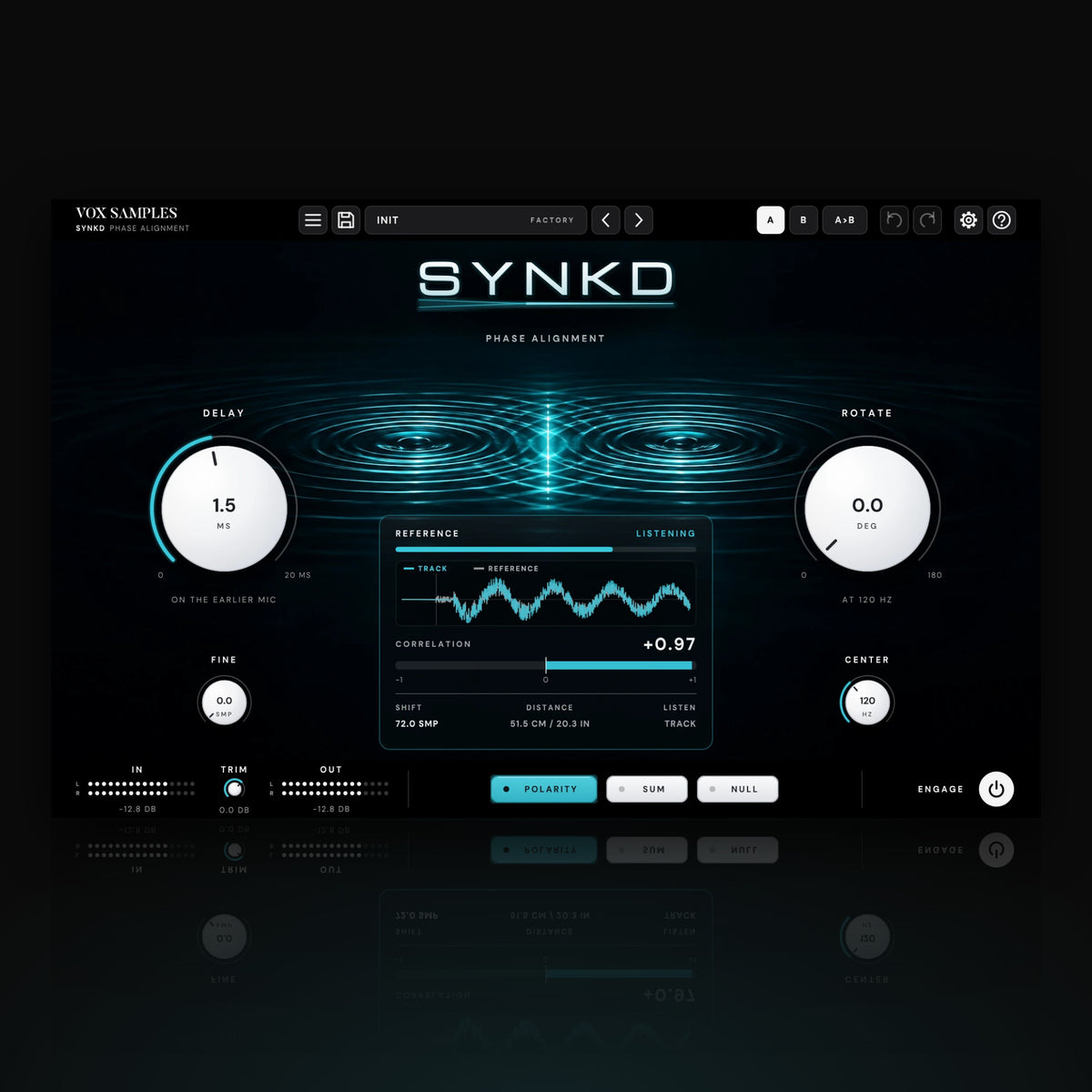 Synkd Phase Alignment by Vox Samples, the phase alignment plugin: two drops' ripples on black water with one bright line where they meet, the SYNKD logo, two big white knobs, DELAY and ROTATE, and the meter panel reading +0.97.