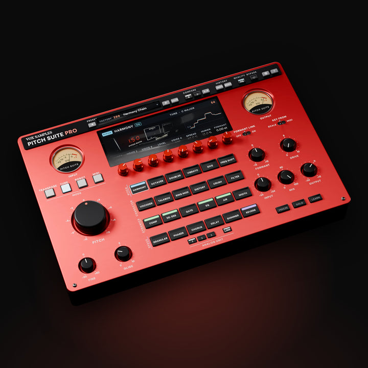 Pitch Suite Pro by Vox Samples, the vocal pitch and harmony plugin with 4 pitch modes and 24 modules, pictured as a red desktop unit with two VU meters, a screen, eight encoders and 24 lit pads.