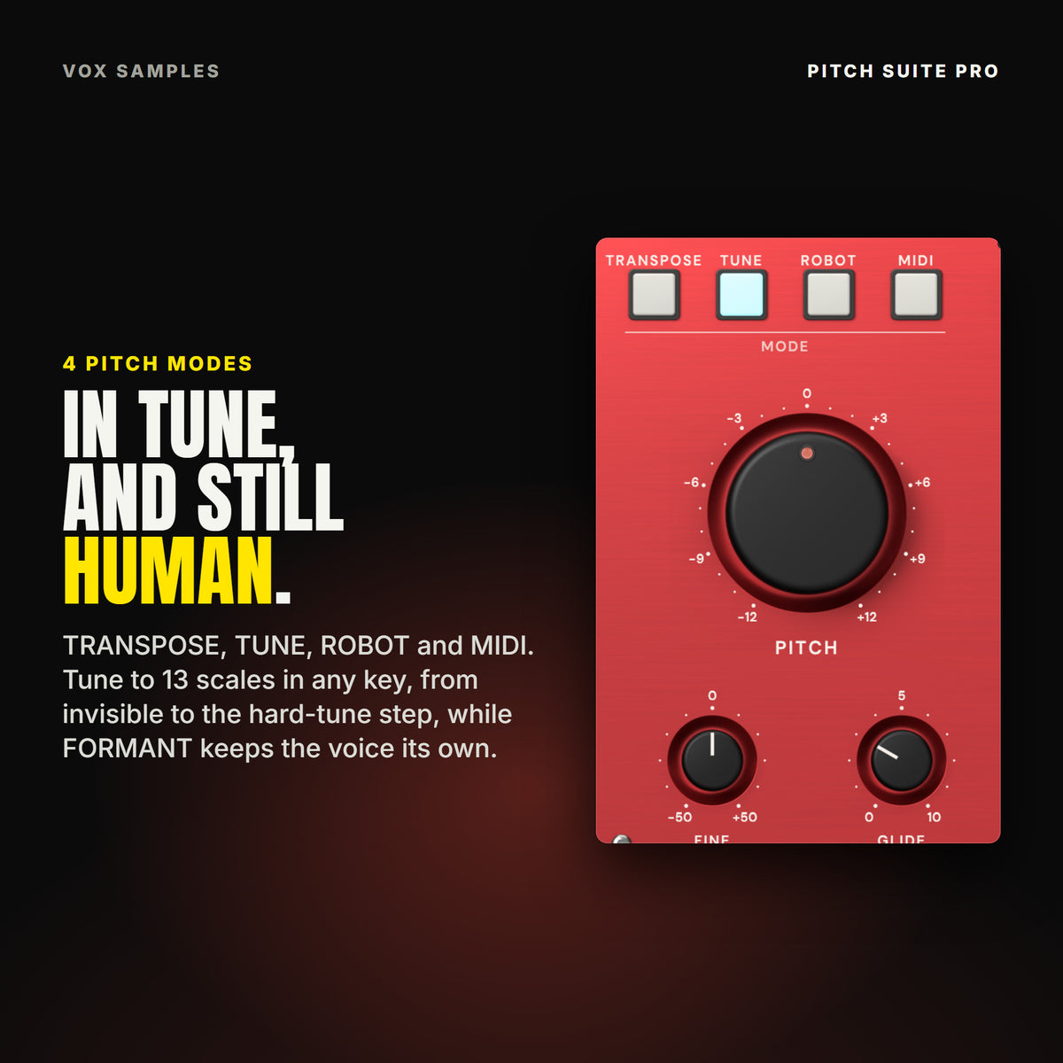 Pitch Suite Pro's pitch controls: the TRANSPOSE, TUNE, ROBOT and MIDI mode keys, the big PITCH knob from -12 to +12, and the FINE and GLIDE knobs, beside the line "In tune, and still human".
