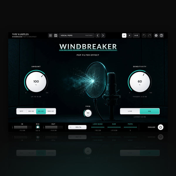 Windbreaker Pop Filter Effect by Vox Samples, the pop filter plugin: a dark vocal booth, a round mesh pop screen with a teal burst of breath breaking on it in front of a studio microphone, the WINDBREAKER logo, and two big pearl-white knobs, AMOUNT and SENSITIVITY.