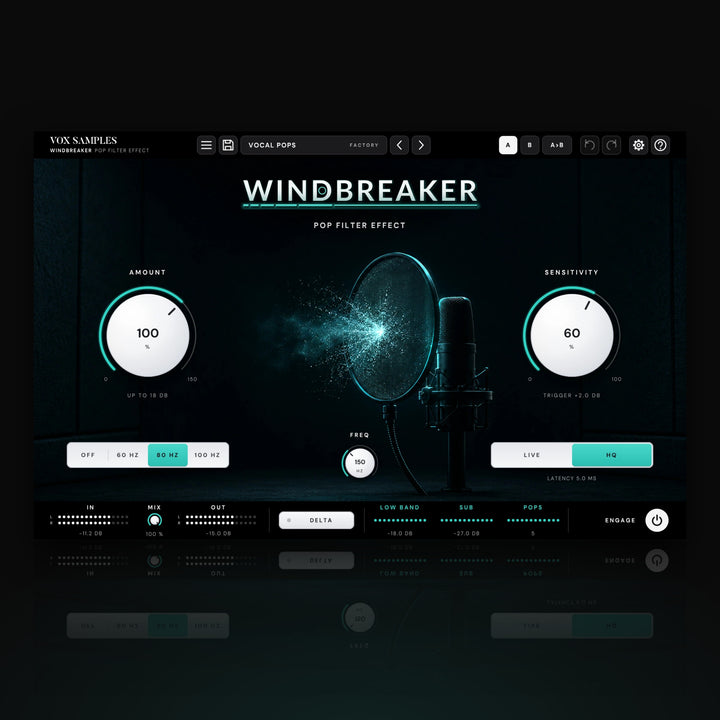 Windbreaker Pop Filter Effect by Vox Samples, the pop filter plugin: a dark vocal booth, a round mesh pop screen with a teal burst of breath breaking on it in front of a studio microphone, the WINDBREAKER logo, and two big pearl-white knobs, AMOUNT and SENSITIVITY.