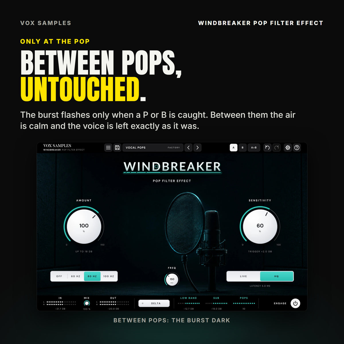 Windbreaker on Vocal Pops between two pops: the air behind the pop screen calm and the burst dark, only the screen's rim lit teal; AMOUNT at 100 % and SENSITIVITY at 60 %.