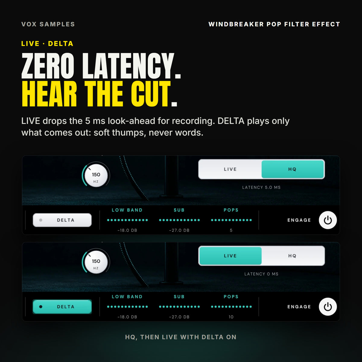 Two close views of Windbreaker's LIVE and HQ keys and the footer: first HQ lit, LATENCY 5.0 MS and DELTA off; then LIVE lit, LATENCY 0 MS, and DELTA lit.