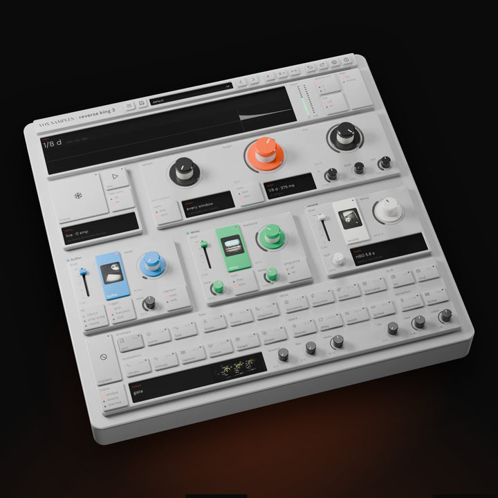 Reverse King 3 by Vox Samples, the reverse effect plugin with 3 reverse engines and a 24-effect rack, pictured as a pale-grey desktop unit with its timeline screen, orange length knob, three engine panels and the rack.