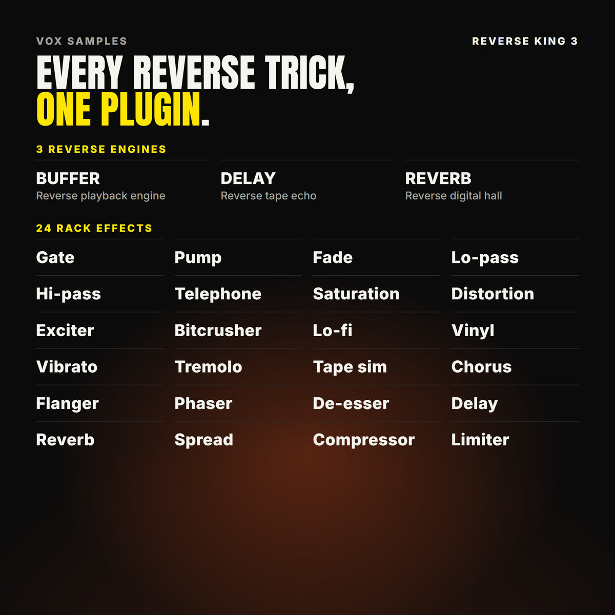 Everything in Reverse King 3: three reverse engines, a reverse playback buffer, a reverse tape echo and a reverse hall; and 24 rack effects: gate, pump, fade, low-pass, high-pass, telephone, saturation, distortion, exciter, bitcrusher, lo-fi, vinyl, vibrato, tremolo, tape sim, chorus, flanger, phaser, de-esser, delay, reverb, spread, compressor and limiter.