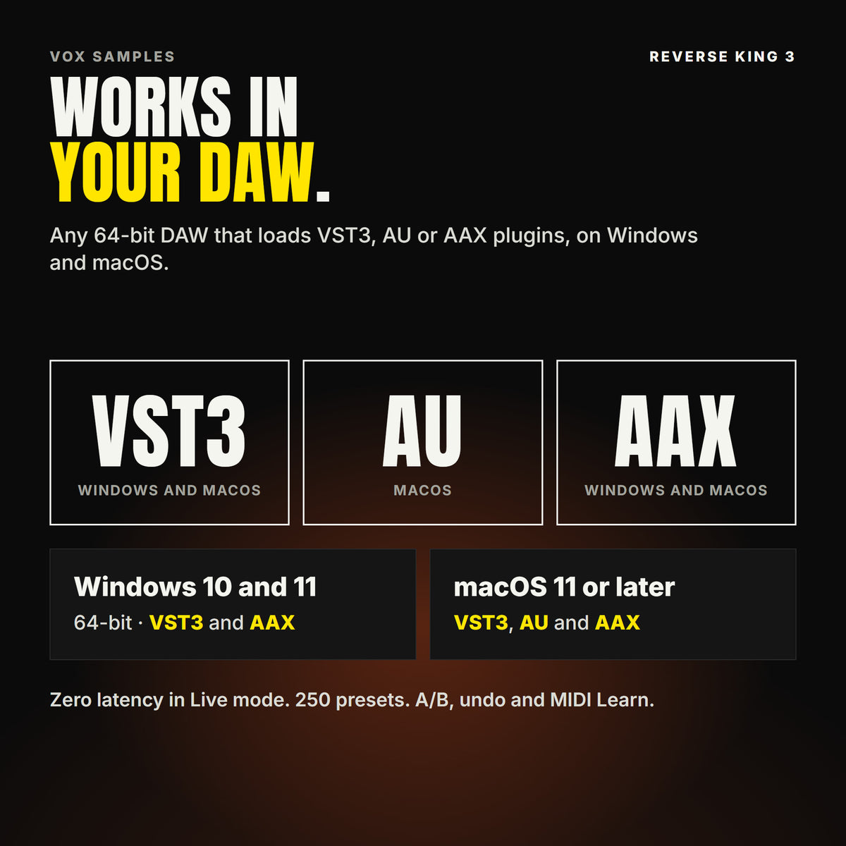 Reverse King 3 formats: VST3, AU and AAX. Windows 10 and 11, 64-bit: VST3 and AAX. macOS 11 or later: VST3, AU and AAX. Works in any 64-bit DAW that loads VST3, AU or AAX plugins, with zero latency in Live mode.