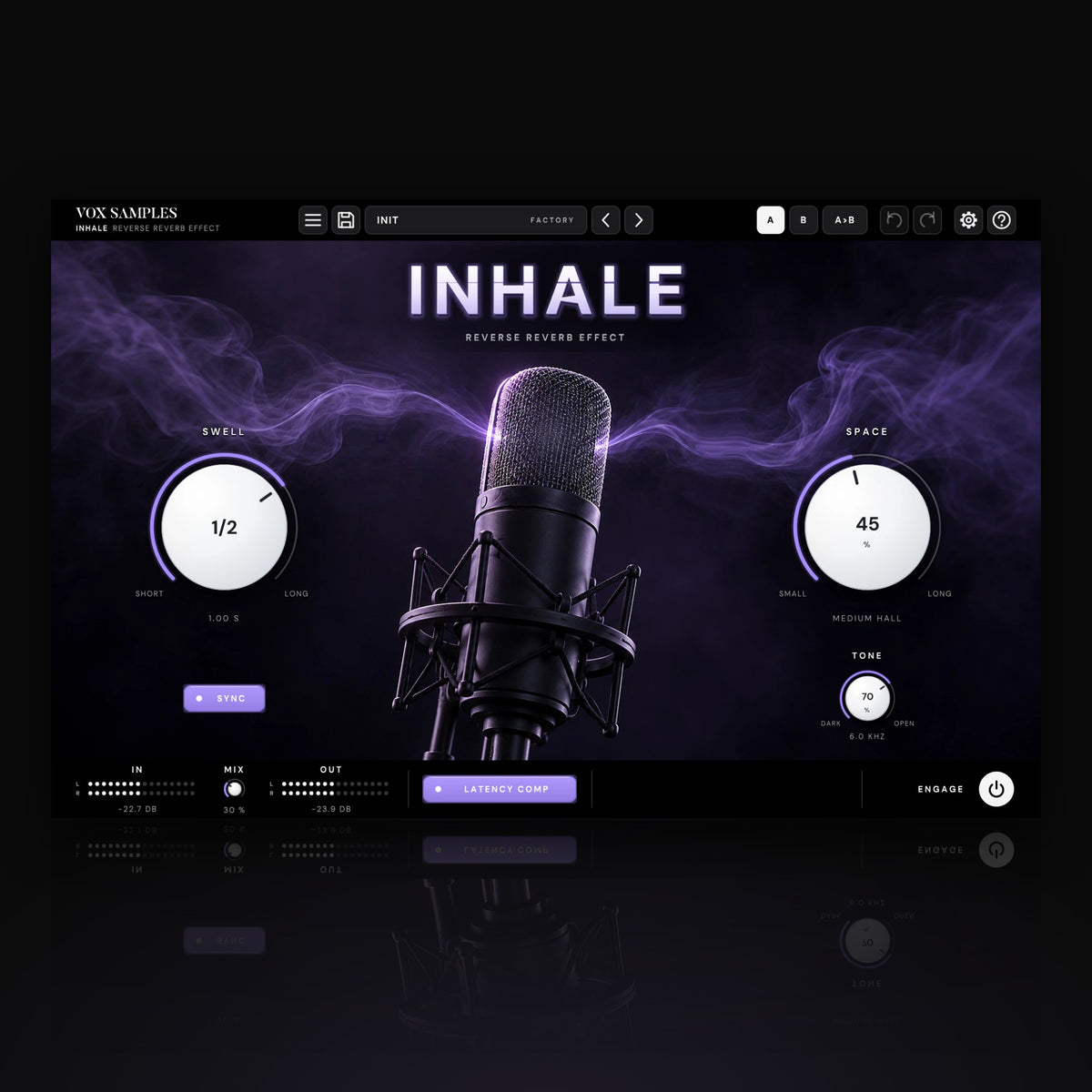 Inhale Reverse Reverb Effect by Vox Samples, the reverse reverb plugin: lilac mist drawn into a studio condenser microphone, the frosted INHALE logo, and two big pearl-white knobs, SWELL and SPACE.
