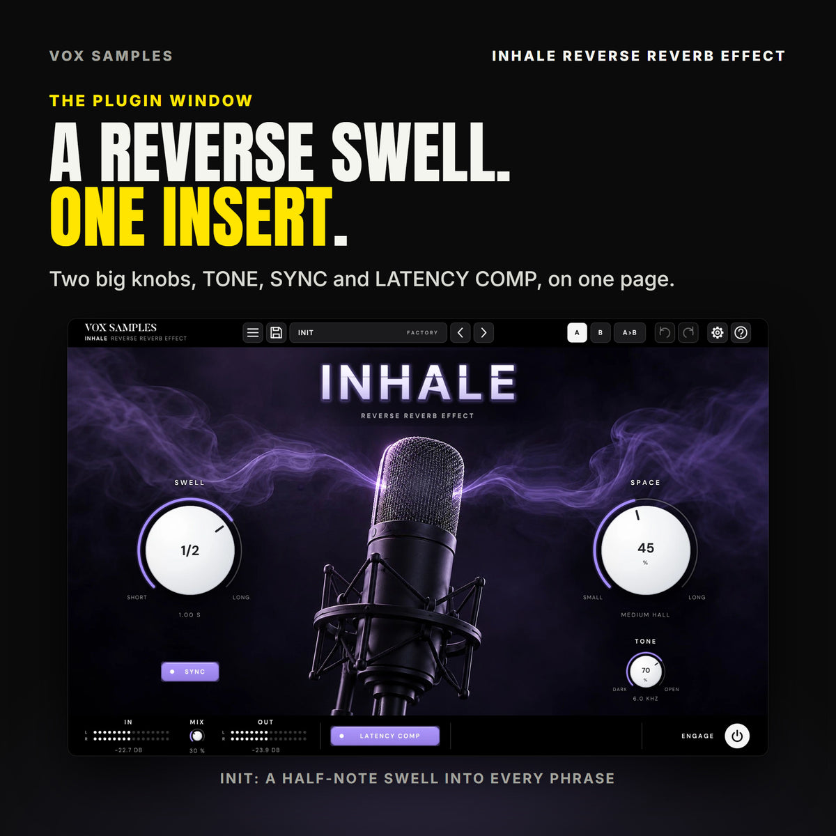 The whole Inhale Reverse Reverb Effect window on Init: lilac mist streaming in from both sides into the head of a studio condenser microphone in a shock mount, the frosted INHALE logo above it; the big white SWELL knob on 1/2 (1.00 S) on the left with the SYNC key lit under it, SPACE at 45 % (MEDIUM HALL) on the right, TONE at 70 % (6.0 KHZ) under SPACE, and IN, MIX at 30 %, OUT, LATENCY COMP lit and ENGAGE along the bottom.