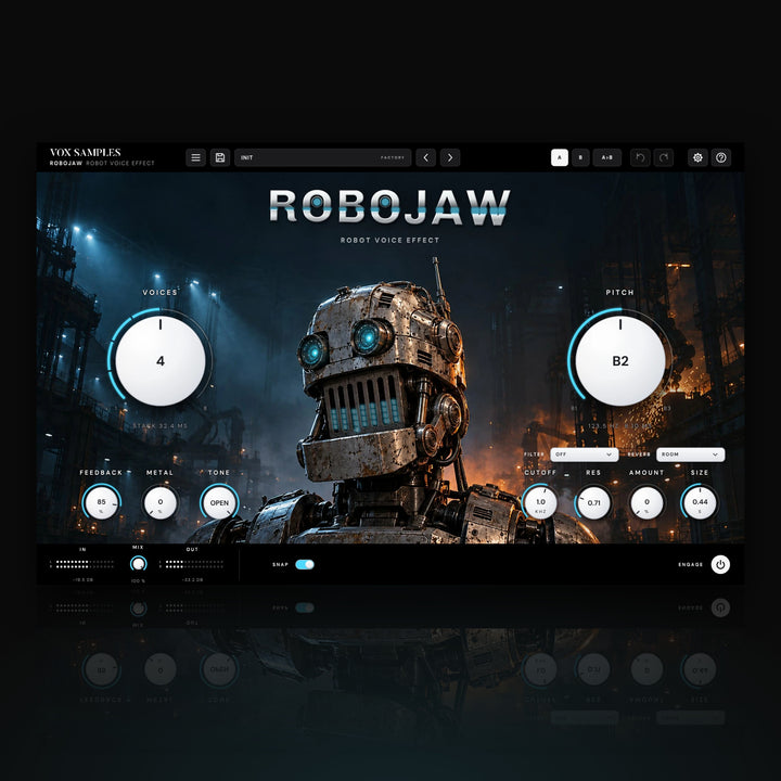 Robojaw Robot Voice Effect by Vox Samples, the robot voice plugin: a riveted steel robot with glowing cyan eyes in a robotics hall, the ROBOJAW logo, and two big pearl-white knobs, VOICES and PITCH.
