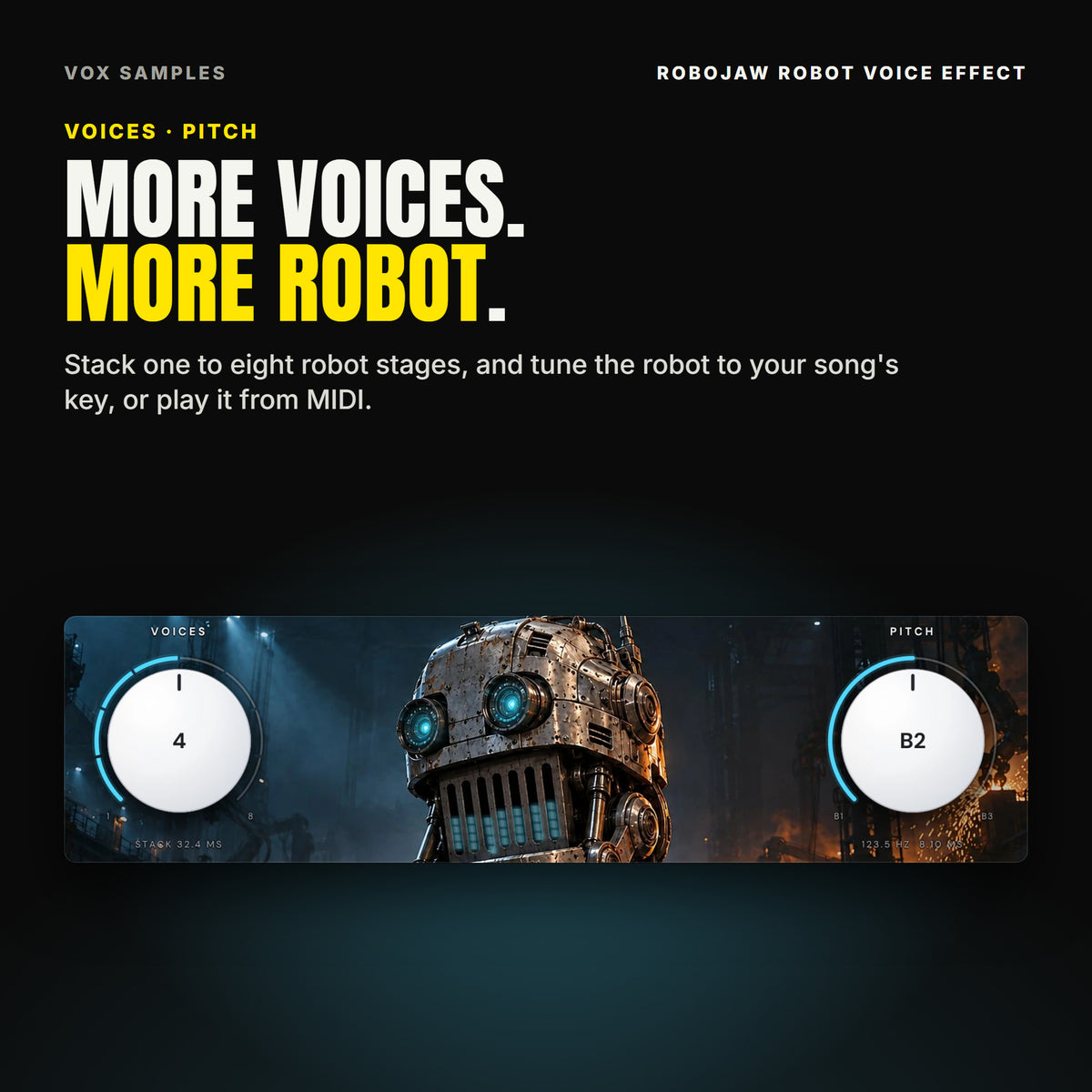 Robojaw's two big pearl-white knobs, VOICES at 4 with its arc cut into eight cyan segments, and PITCH on the note B2, either side of the steel robot's head and its lit mouth grille.