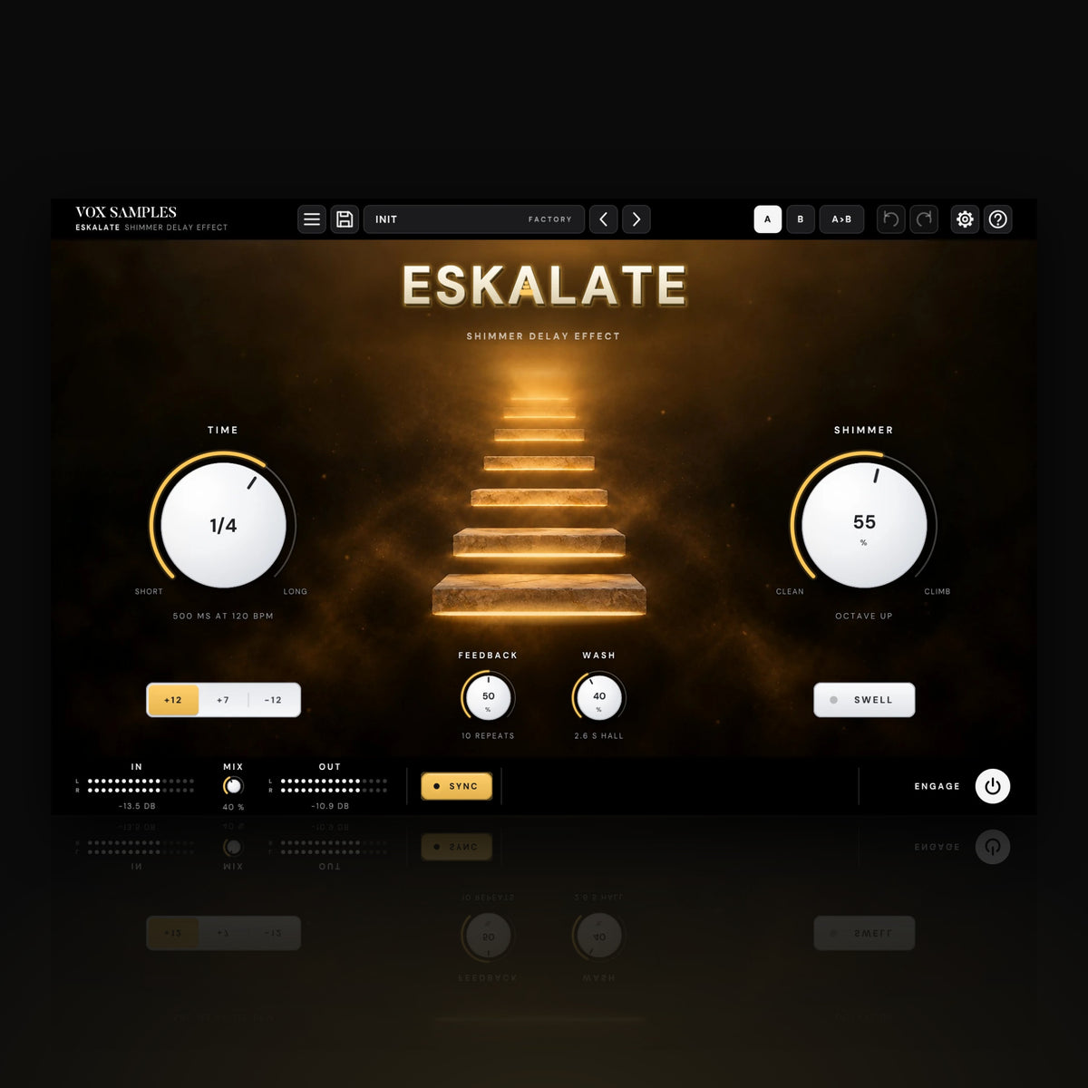 Eskalate Shimmer Delay Effect by Vox Samples, the shimmer delay plugin: a staircase of floating stone steps with glowing edges rising into a golden haze, the ESKALATE logo, and two big pearl-white knobs, TIME and SHIMMER.
