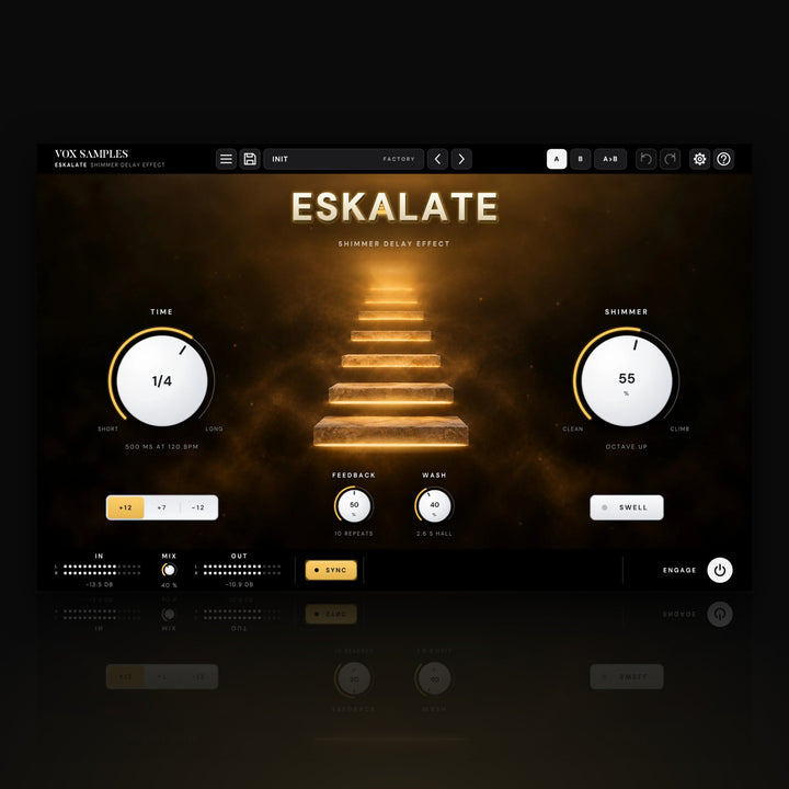 Eskalate Shimmer Delay Effect by Vox Samples, the shimmer delay plugin: a staircase of floating stone steps with glowing edges rising into a golden haze, the ESKALATE logo, and two big pearl-white knobs, TIME and SHIMMER.