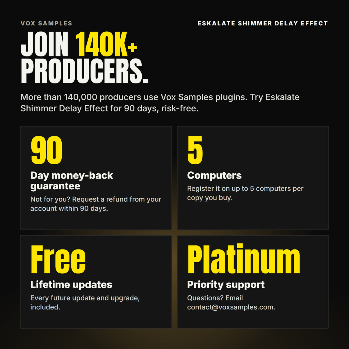Join 140K+ producers who use Vox Samples plugins. Eskalate Shimmer Delay Effect comes with a 90-day money-back guarantee you claim from your account, registration on up to five of your own computers per copy you buy, free lifetime updates, and Platinum priority support.