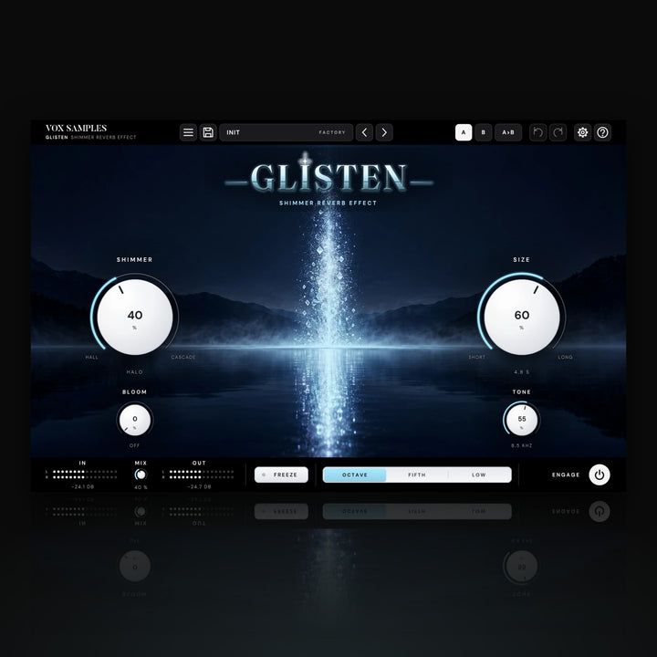 Glisten Shimmer Reverb Effect by Vox Samples, the shimmer reverb plugin: a column of crystalline light rising from a dark mountain lake at night, the GLISTEN logo, and two big pearl-white knobs, SHIMMER and SIZE.