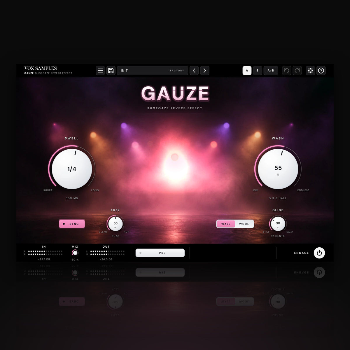 Gauze Shoegaze Reverb Effect by Vox Samples, the shoegaze reverb plugin: a dim stage in rose and amber haze with a blooming centre light, the glowing GAUZE wordmark, and two big pearl-white knobs, SWELL and WASH.