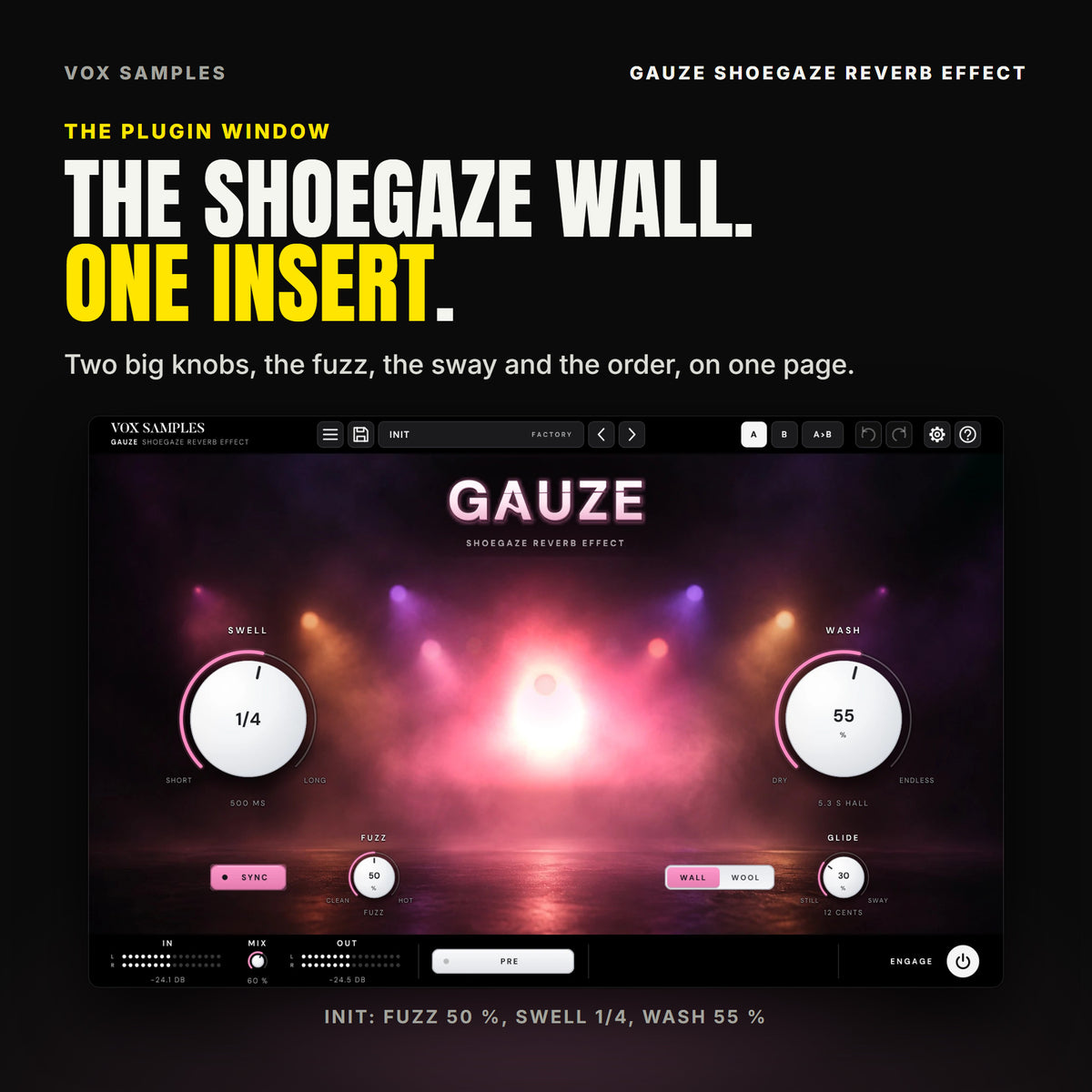 The whole Gauze Shoegaze Reverb Effect window on Init: a dim stage in rose and amber haze with a row of soft lamps and a blooming centre light, the glowing GAUZE wordmark at the top, the big white SWELL knob on 1/4 (500 MS) on the left and WASH at 55 % (5.3 S HALL) on the right, FUZZ at 50 % and the SYNC key on the left, the WALL and WOOL keys and GLIDE at 30 % (12 CENTS) on the right, and IN, MIX at 60 %, OUT, PRE and ENGAGE along the bottom.