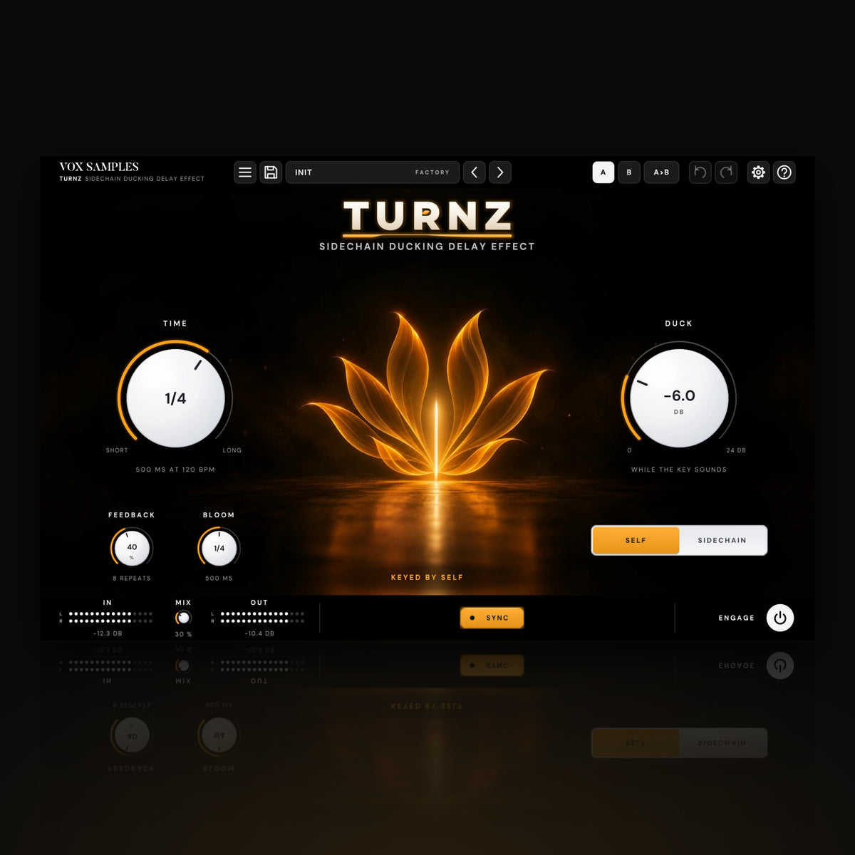 Turnz Sidechain Ducking Delay Effect by Vox Samples, the ducking delay plugin: a lotus of amber petals of light round one slim upright light on a dark floor, the TURNZ logo, and two big pearl-white knobs, TIME and DUCK.