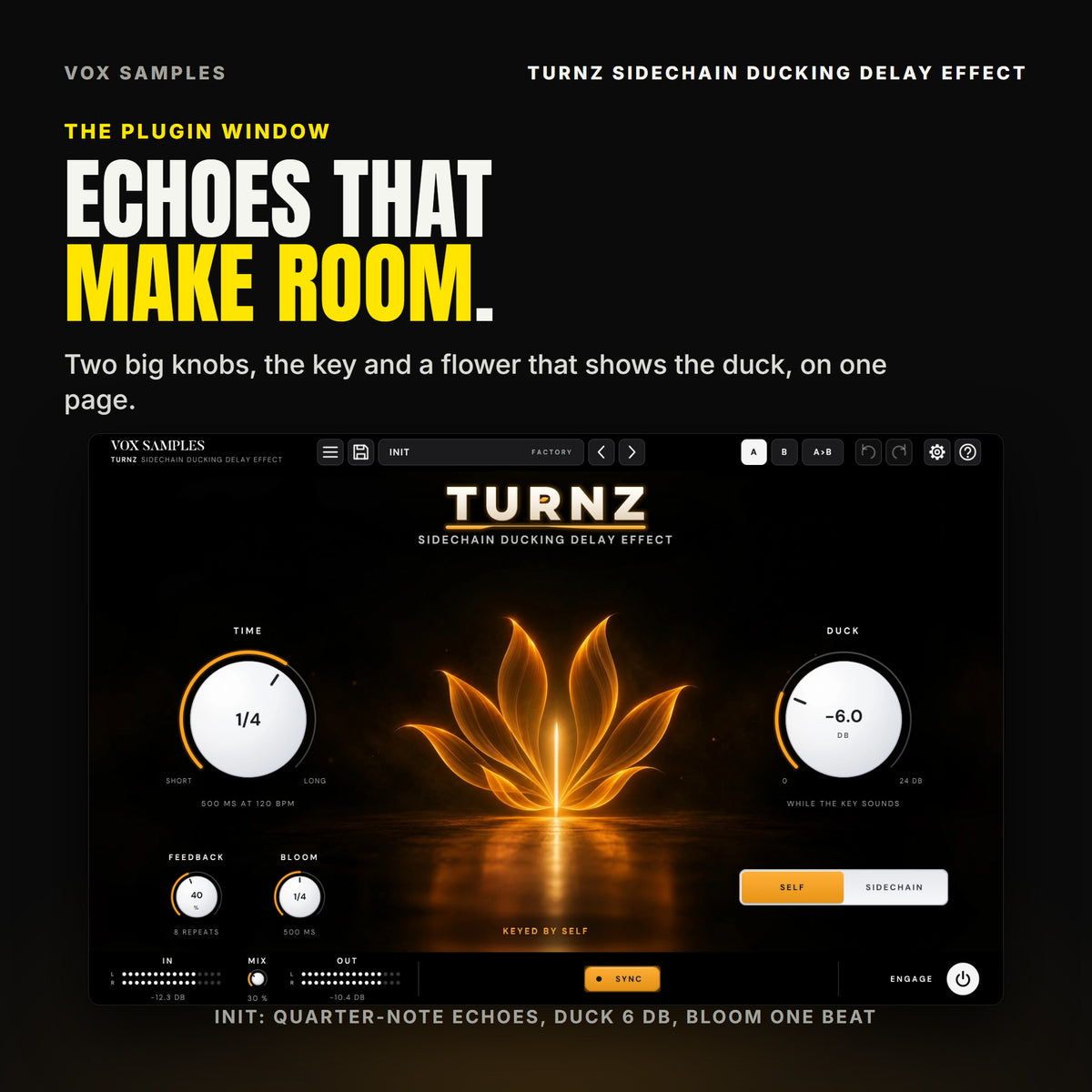 The Turnz Sidechain Ducking Delay Effect window on Init: a lotus of eight amber petals of light round one slim upright light on a dark floor; the TURNZ logo; the big white TIME knob on 1/4 (500 MS AT 120 BPM) on the left with FEEDBACK at 40 % (8 REPEATS) and BLOOM on 1/4 under it; DUCK at -6.0 dB on the right with the SELF and SIDECHAIN keys, SELF lit; KEYED BY SELF under the flower; and IN, MIX at 30 %, OUT, SYNC and ENGAGE in the footer.
