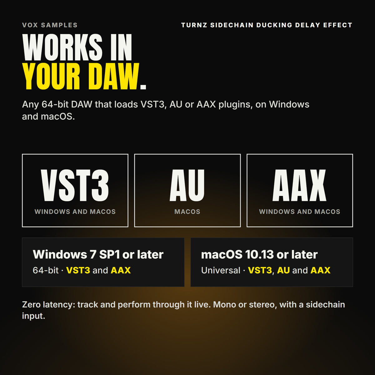 Turnz Sidechain Ducking Delay Effect formats: VST3, AU and AAX. Windows 7 SP1 or later, 64-bit: VST3 and AAX. macOS 10.13 or later, universal (Intel and ARM): VST3, AU and AAX. Works in any 64-bit DAW that loads VST3, AU or AAX plugins. Zero latency: track and perform through it live. Mono or stereo, with a sidechain input.