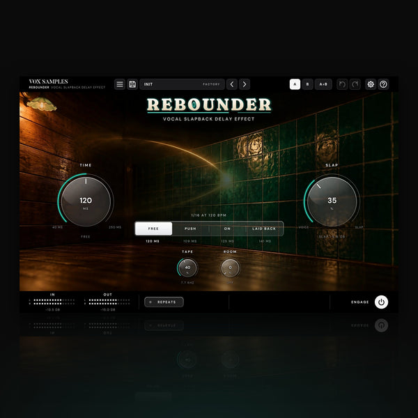 Rebounder Vocal Slapback Delay Effect by Vox Samples, the slapback delay plugin: a 1950s studio corner, a sound wave of light flashing off a wall of jade tiles, the REBOUNDER logo, and two big glass knobs, TIME and SLAP.