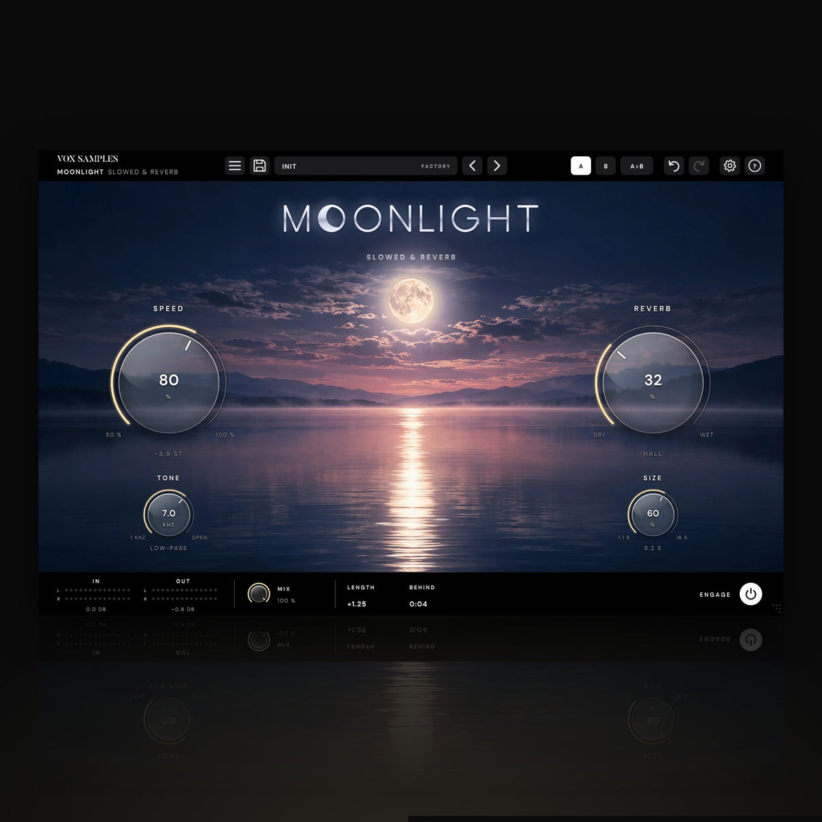 Moonlight Slowed & Reverb by Vox Samples, the slowed and reverb plugin: a full moon over a still mountain lake with its long reflection, the silver MOONLIGHT logo, and two big glass knobs, SPEED and REVERB.