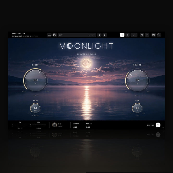 Moonlight Slowed & Reverb by Vox Samples, the slowed and reverb plugin: a full moon over a still mountain lake with its long reflection, the silver MOONLIGHT logo, and two big glass knobs, SPEED and REVERB.