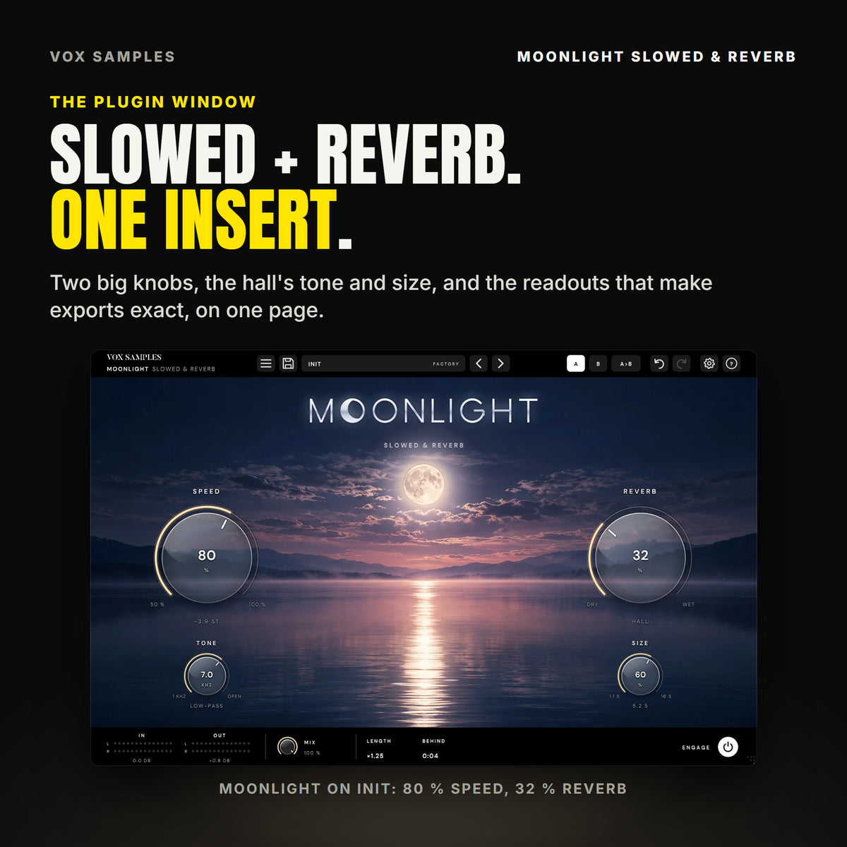 The whole Moonlight Slowed & Reverb window on the Init preset: a full moon over a still mountain lake at night with its long reflection down the middle, the silver MOONLIGHT logo above it, the big glass SPEED knob at 80 % (-3.9 semitones) on the left and REVERB at 32 % on the right, TONE at 7.0 kHz under SPEED and SIZE at 60 % (5.2 s) under REVERB, and the IN and OUT meters, MIX, the LENGTH (x1.25) and BEHIND readouts and ENGAGE along the bottom.