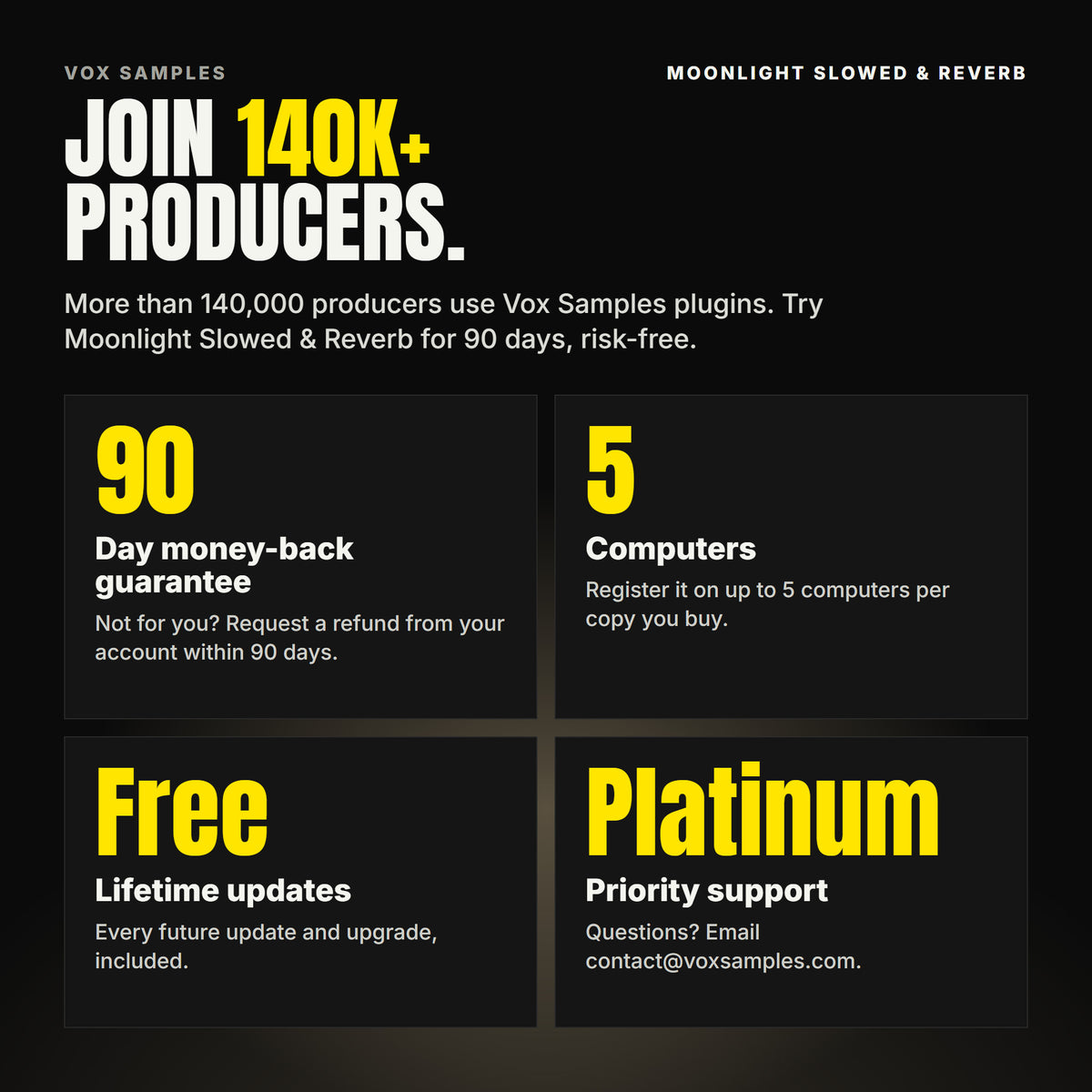 Join 140K+ producers who use Vox Samples plugins. Moonlight Slowed & Reverb comes with a 90-day money-back guarantee you claim from your account, registration on up to five of your own computers per copy you buy, free lifetime updates, and Platinum priority support.