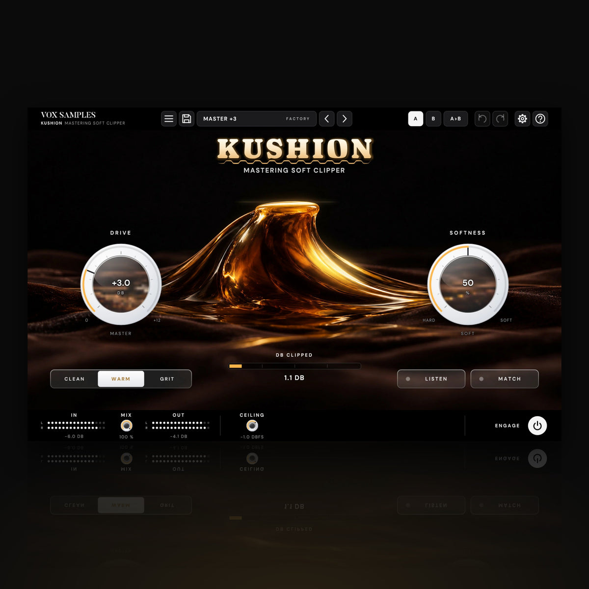 Kushion Mastering Soft Clipper by Vox Samples, the soft clipper plugin: a glossy molten amber crest with a rounded flat top, the warm KUSHION wordmark, and two big knobs, DRIVE and SOFTNESS.