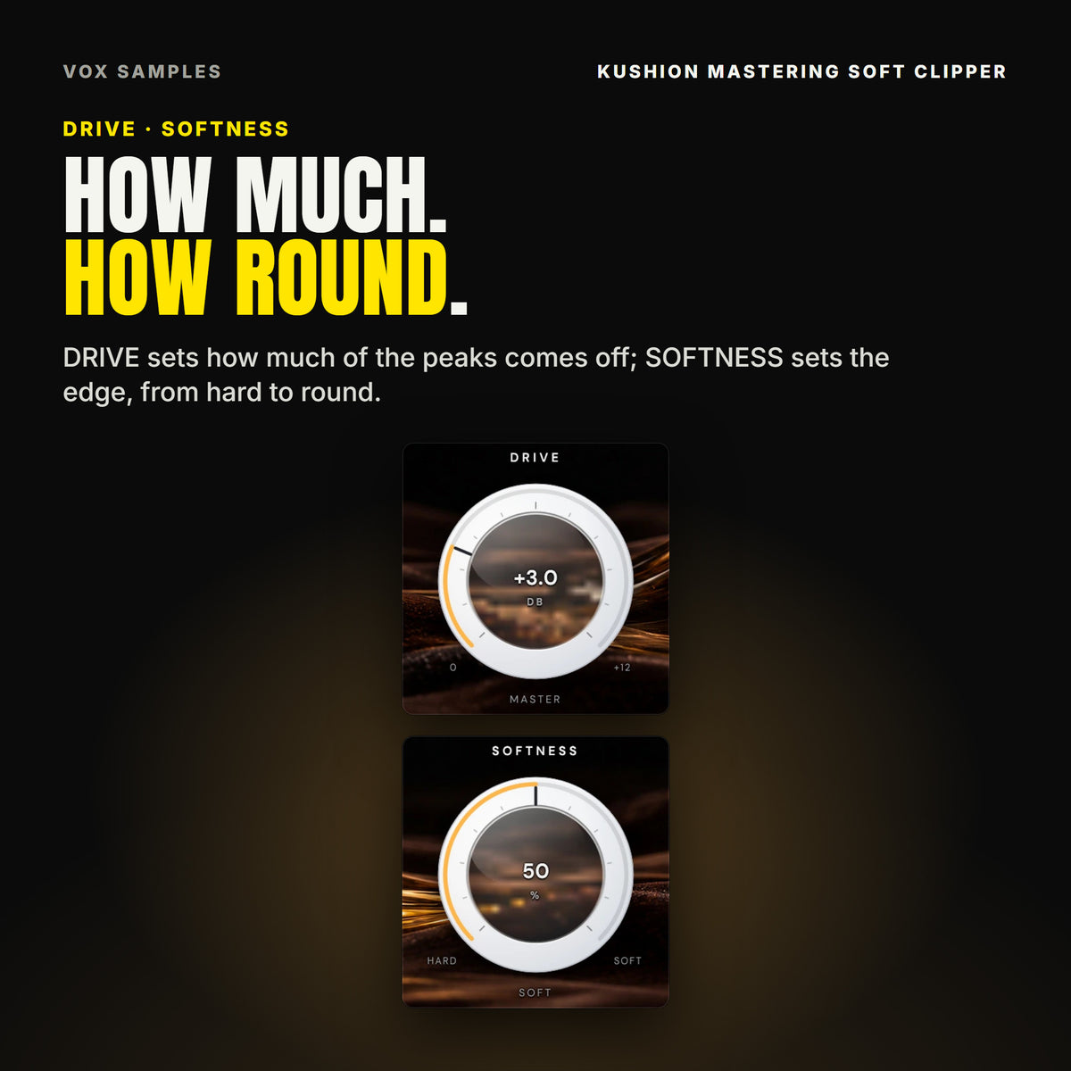 Kushion's two big knobs on Master +3: DRIVE at +3.0 dB, reading MASTER, and SOFTNESS at 50 %, between HARD and SOFT.