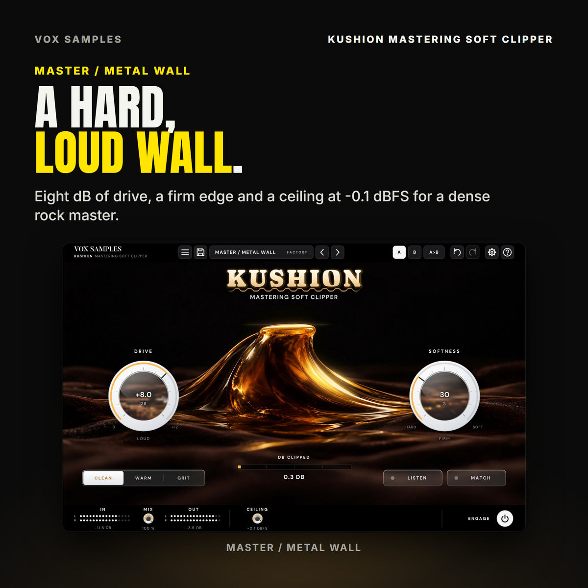 Kushion on the Master / Metal Wall preset: CLEAN, DRIVE +8 dB, SOFTNESS 30 %, CEILING -0.1 dBFS, the DB CLIPPED meter high.