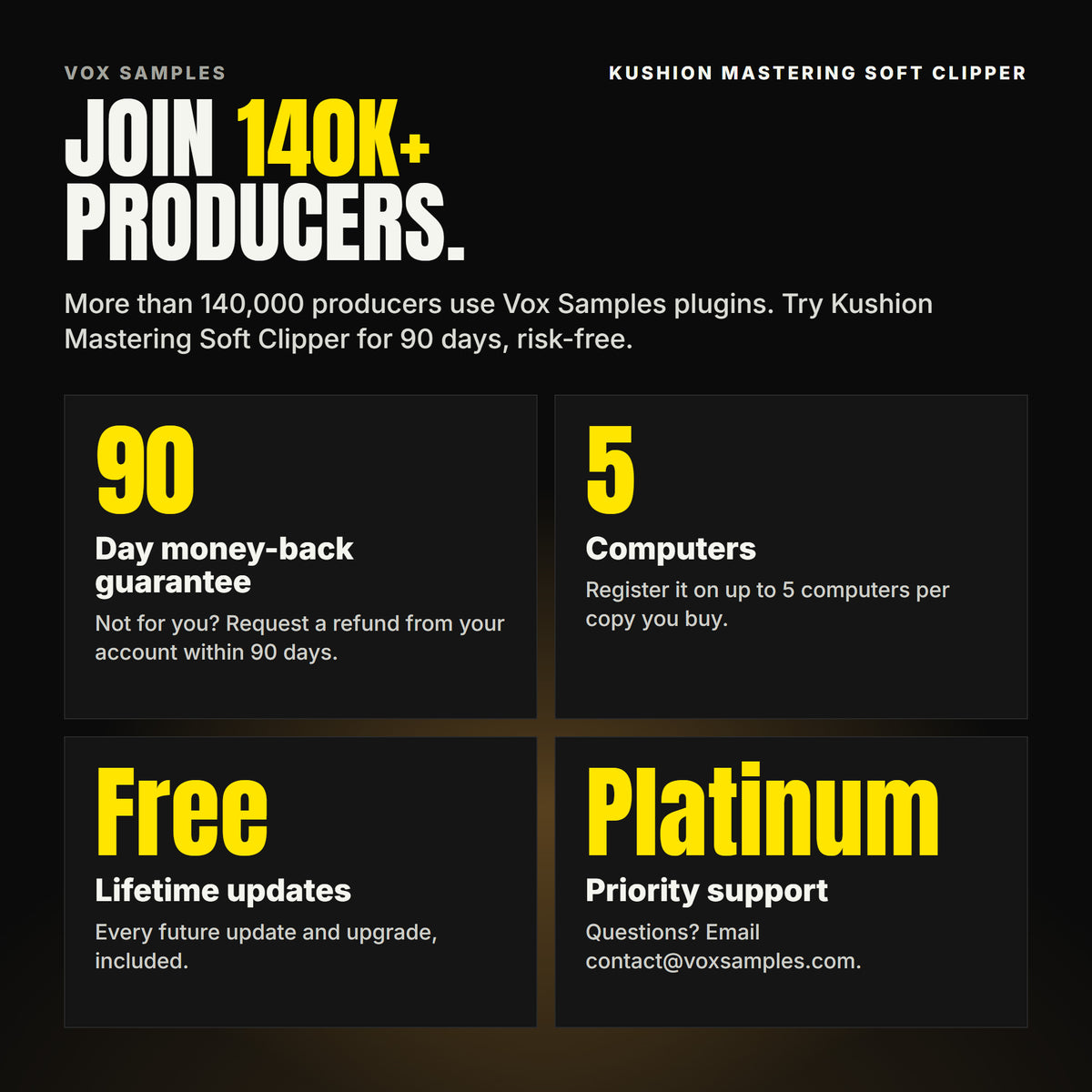 Join 140K+ producers who use Vox Samples plugins. Kushion Mastering Soft Clipper comes with a 90-day money-back guarantee you claim from your account, registration on up to five of your own computers per copy you buy, free lifetime updates, and Platinum priority support.