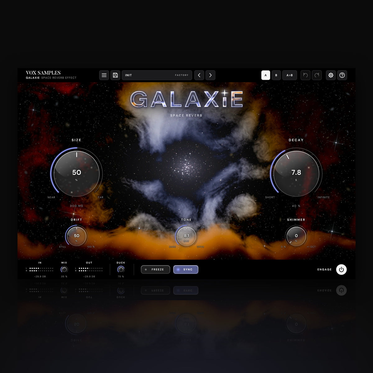 Galaxie Space Reverb Effect by Vox Samples, the space reverb plugin: a star cluster in glowing gas, the chrome GALAXIE logo, and two big glass knobs, SIZE and DECAY.