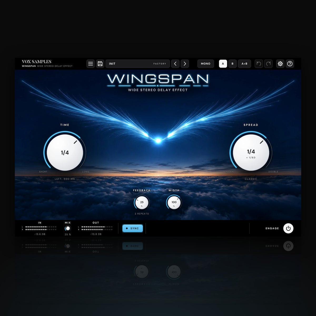 Wingspan Wide Stereo Delay Effect by Vox Samples, the stereo delay plugin: two wings of blue light opening above a sea of cloud, the WINGSPAN logo, and two big white knobs, TIME and SPREAD.