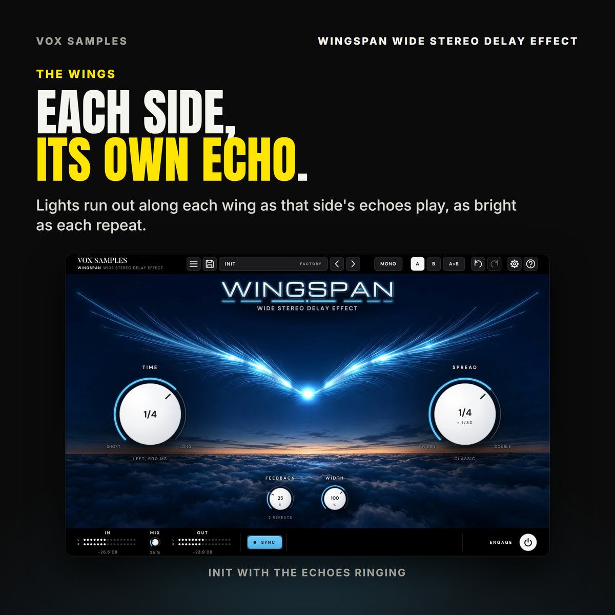 Wingspan on Init with echoes ringing: lights running out along both wings of light, the point between them bright.