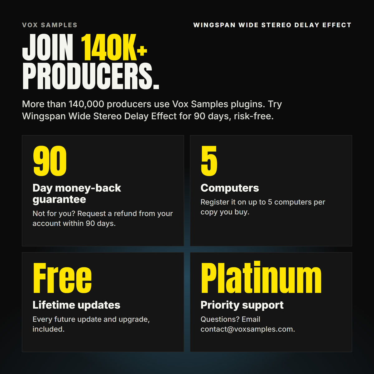 Join 140K+ producers who use Vox Samples plugins. Wingspan Wide Stereo Delay Effect comes with a 90-day money-back guarantee you claim from your account, registration on up to five of your own computers per copy you buy, free lifetime updates, and Platinum priority support.
