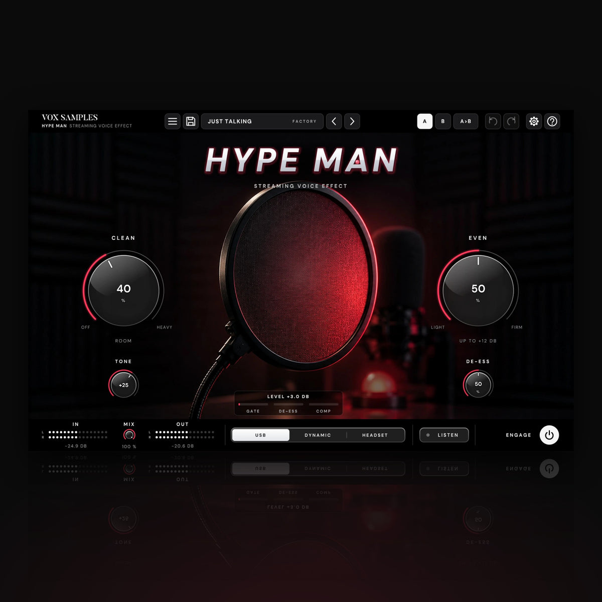 Hype Man Streaming Voice Effect by Vox Samples, the streaming VST plugin: a round pop filter backlit in on-air red on a dark streaming desk, the slanted HYPE MAN logo, and two big knobs, CLEAN and EVEN.